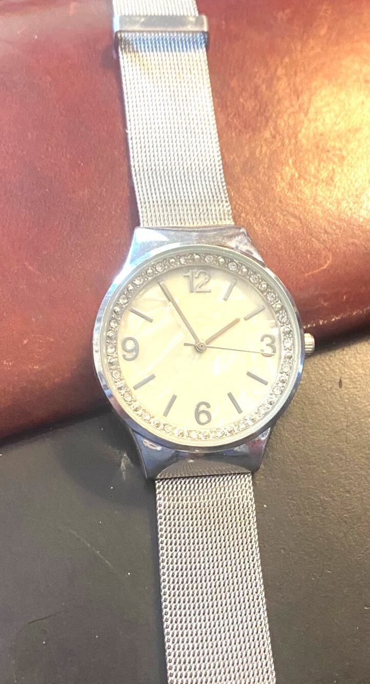 Women's 34mm Silver Tone Watch, Crystal Accents, MOP Face, Mesh Band